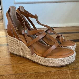 Franco Sarto Cognac Leather Espadrille Wedge Sandals